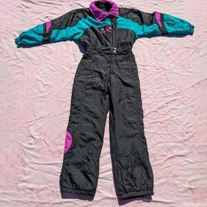 Vintage 80s 90s Snowsuit Ski Suit Women's Medium Black Color Block Cornice Retro